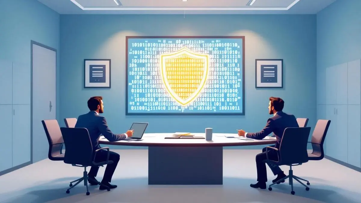 Uk boardroom executives glowing binary shield data governance