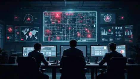 Moody soc with red alert monitors and central cyber blind spot