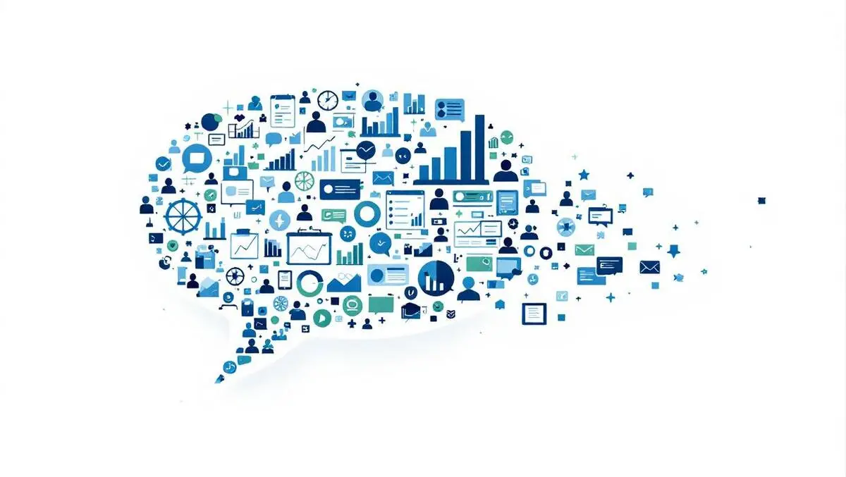 Speech bubble chat icons transforming into kpi bar charts dashboards