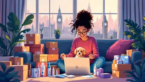 Uk living room happy person opening pet care package parcel boxes