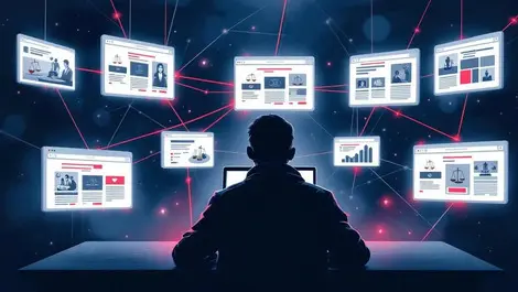 Shadowy figure laptop fake law firm scam network red blue glow