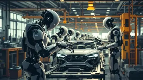German car factory robots assisting workers assembly line automation