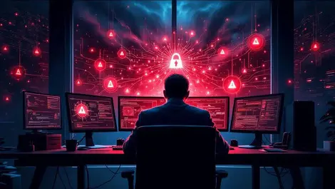 Cio nighttime office ai cyber attack warning screens digital storm