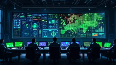 European power grid control room ai cyber risk night scene