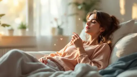 Woman relaxing scandi home with smart ring and health data orbit