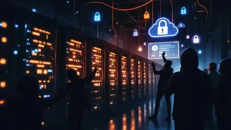 Cinematic cloud server room ai identity theft masked attackers