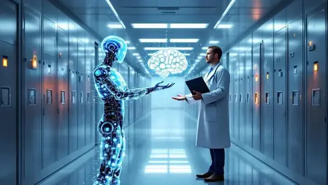Ai humanoid sharing data brain with doctor in secure hospital corridor