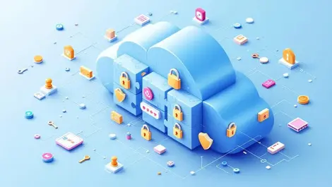Isometric cloud puzzle compartments with locks and security icons