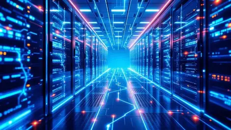 Uk server room cloud racks blockchain ai glowing cables blue light
