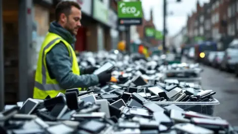 Uk e waste recycling center worker sorting used phones tablets