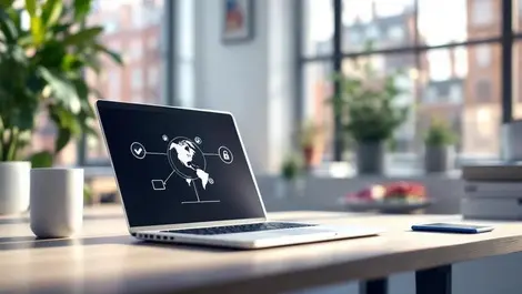 Laptop on desk london office secure global network verification