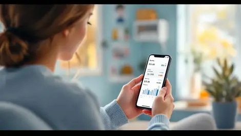 Realistic uk woman smartphone banking app home budget charts